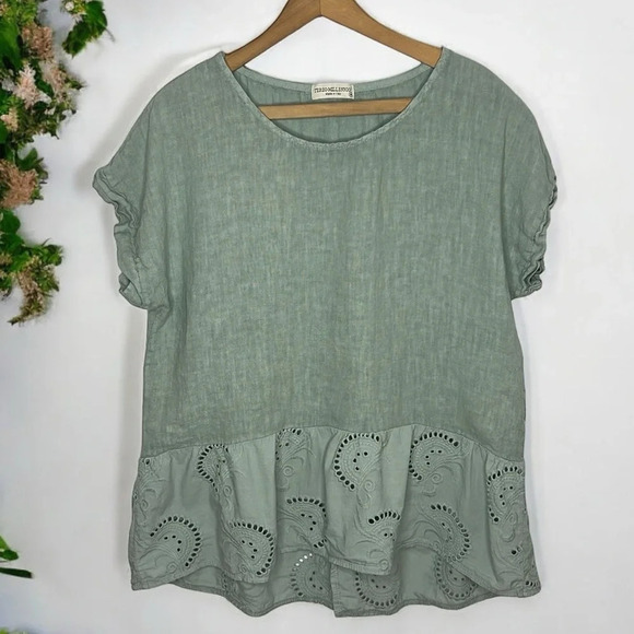 TEREZO Millennio 100% Italian Linen Mixed Media Perforated Eyelet Boho Blouse - Picture 10 of 10